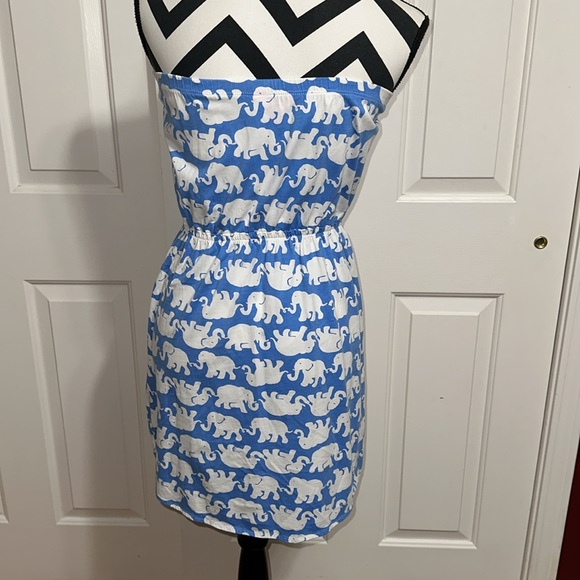 LILLY PULITZER Blue and White Elephant Print Strapless Dress - Picture 3 of 5